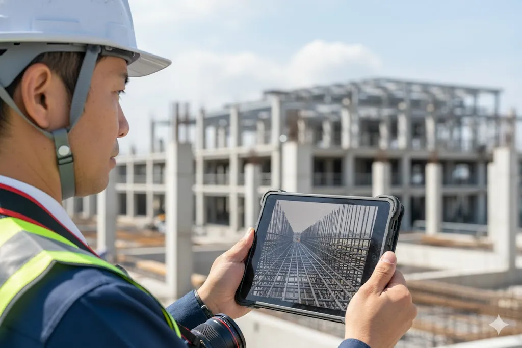 建設現場で鉄筋の配筋状況を工事写真として撮影する施工管理者