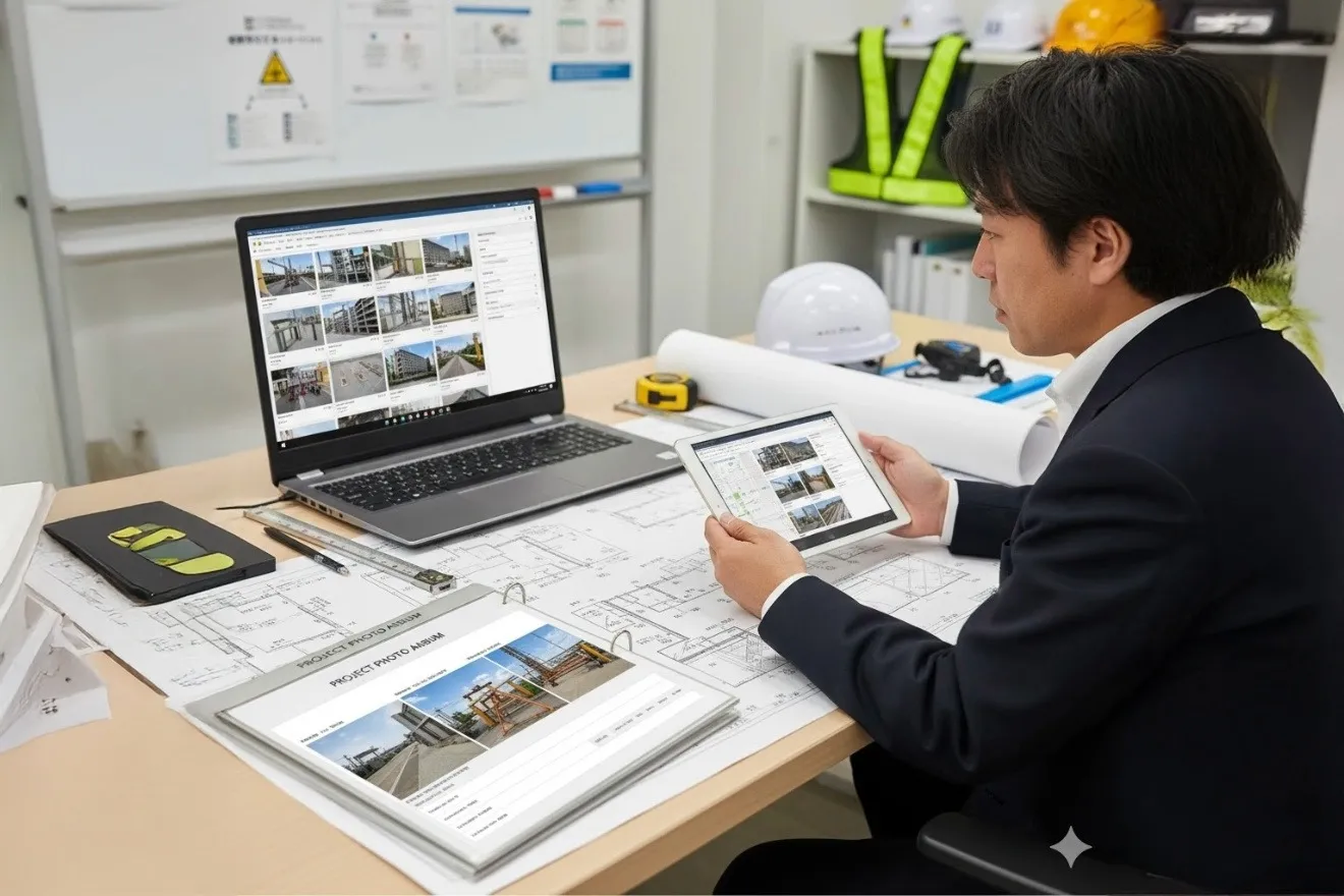 パソコンの工事写真管理ソフトとタブレットを使いデータを整理する施工管理者