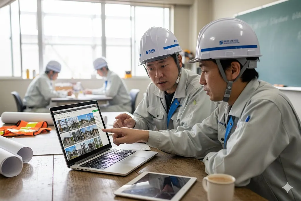 建設事務所で、元請と下請けの担当者がパソコンに表示された写真台帳を見ながら打ち合わせをしている様子