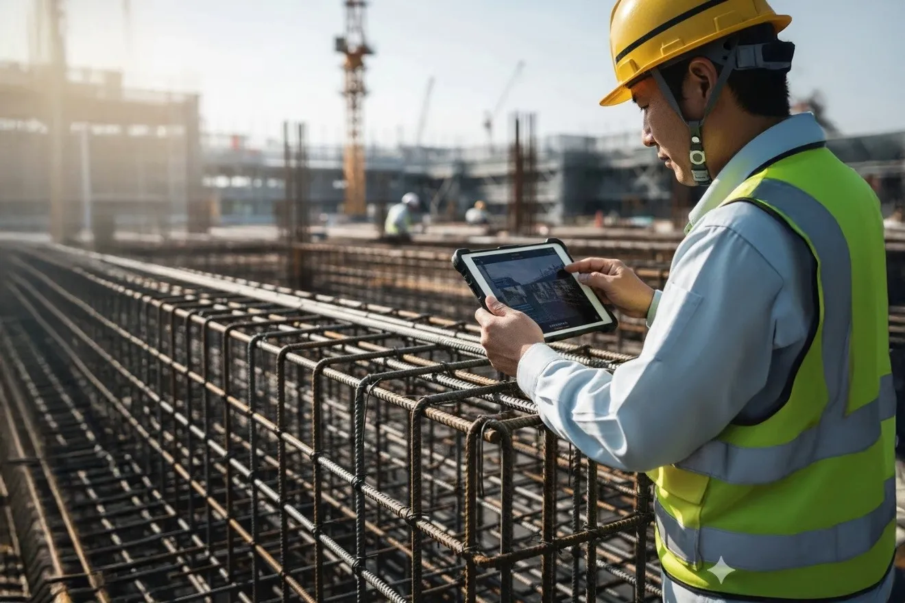 ヘルメットを着用した建設作業員が現場で施工箇所の写真を撮影している様子