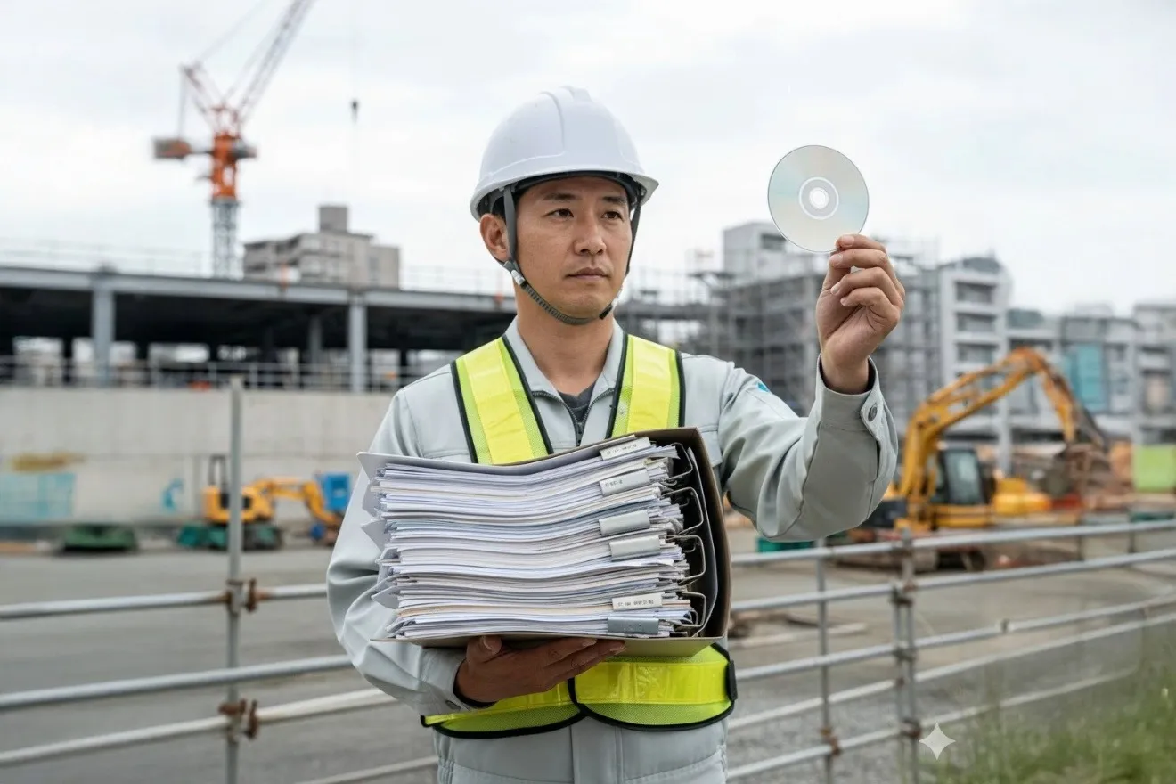 従来の紙納品（図面ファイル）と電子納品（CD-R）を比較する建設技術者
