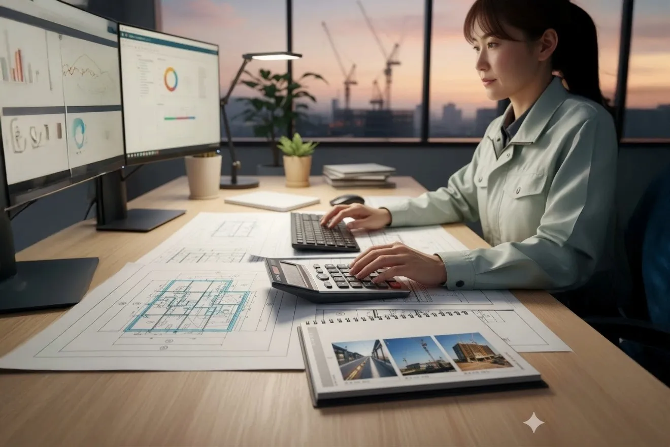 設計図面とPCを使って積算作業を行う様子