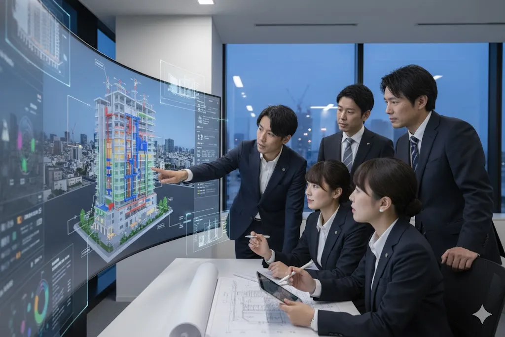 BIMの3Dモデルを見ながら議論する建設技術者