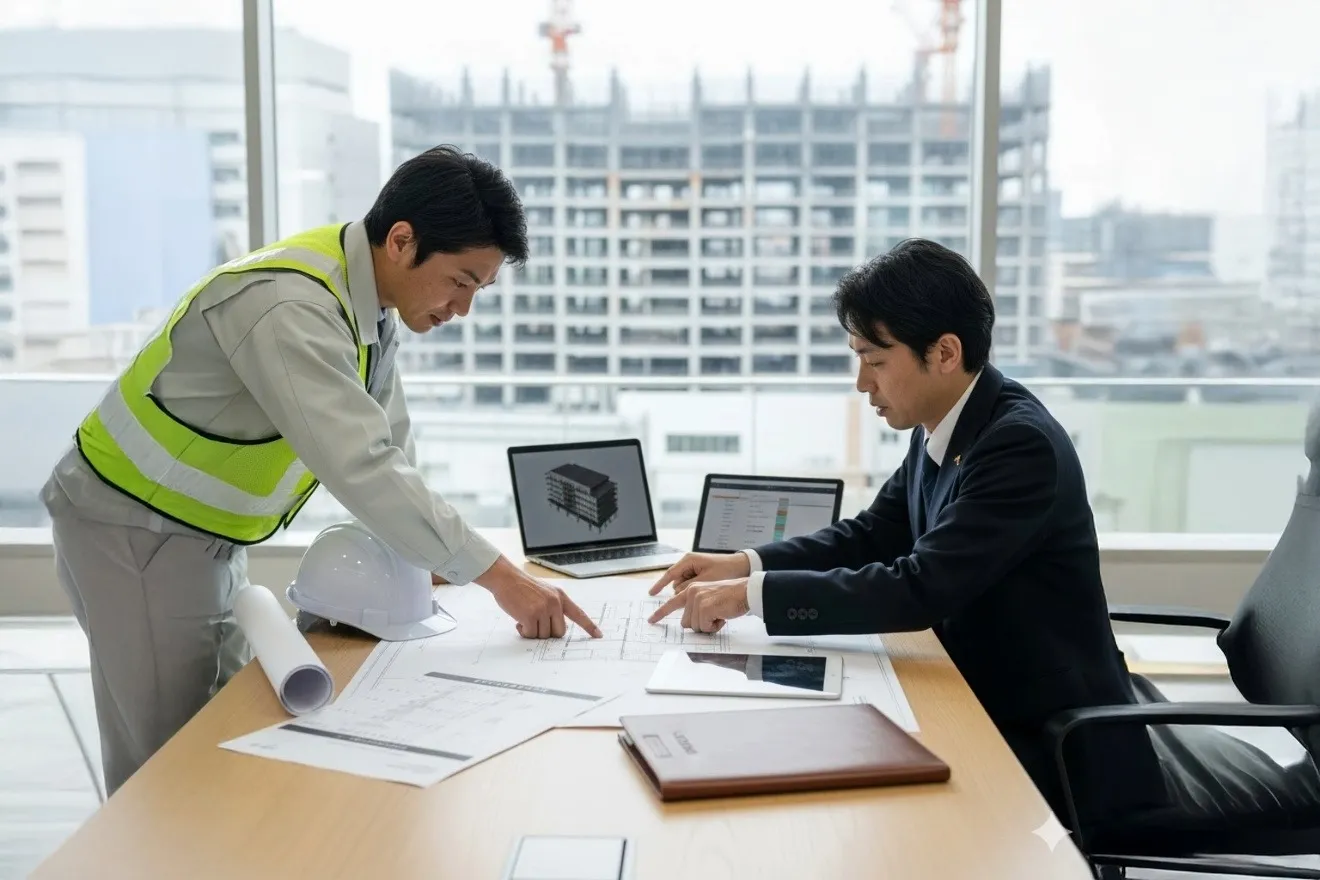 建設現場の事務所で図面を見ながら協議する発注者と受注者