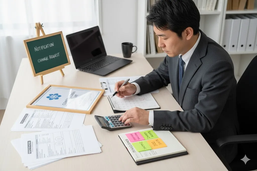 建設業の許可証と届出書類を比較する様子