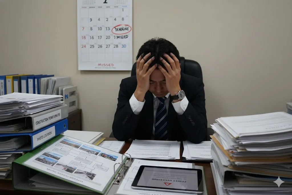 届出期限を過ぎて書類の前で悩むビジネスパーソン