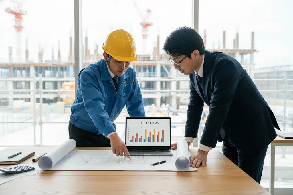 建設現場の事務所で打ち合わせを行う技術者と経理担当者