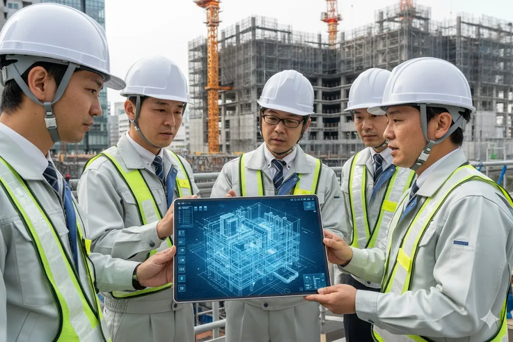 高層ビルの建設現場でBIMモデルを確認する技術者たち
