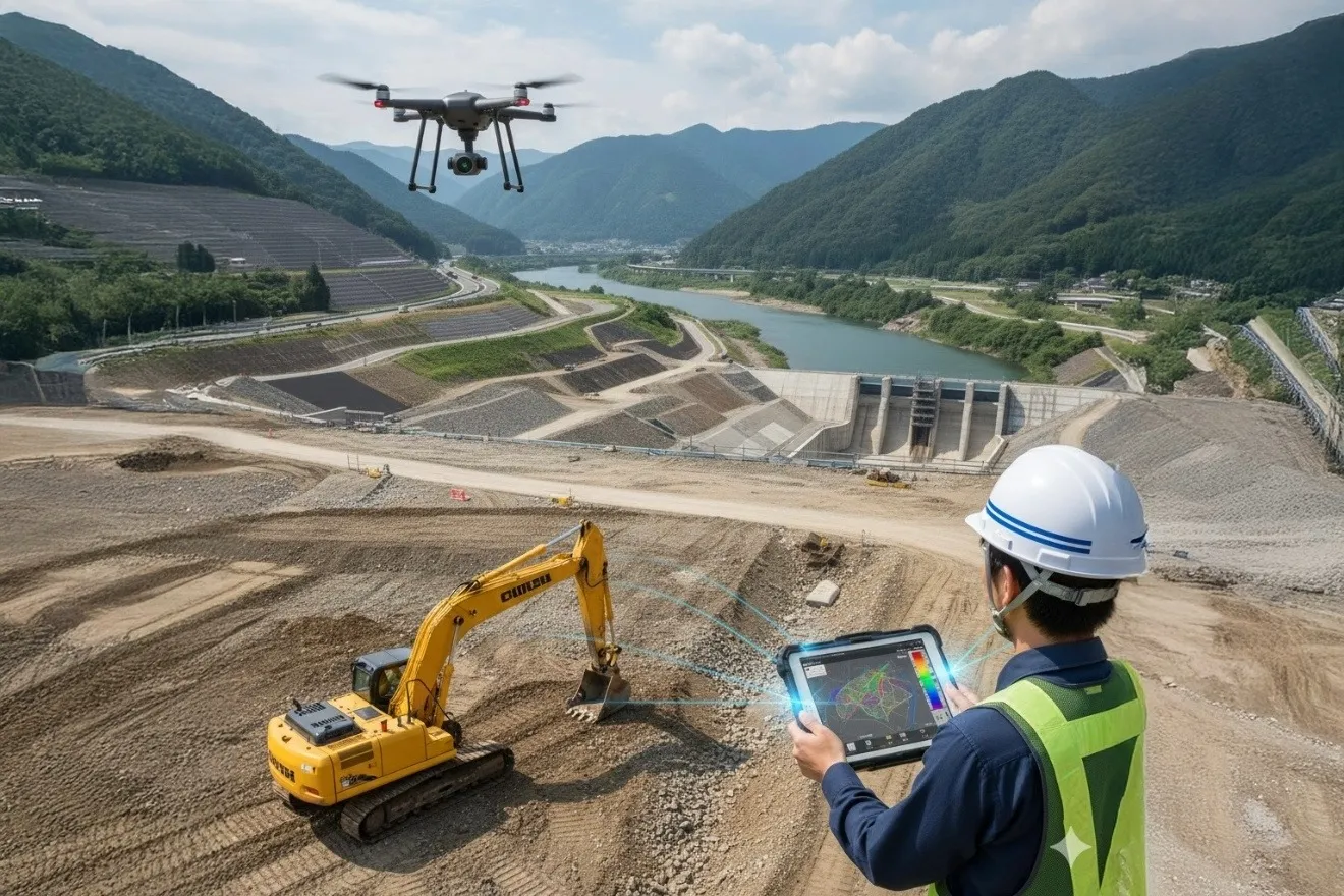 広大な土木工事現場でCIMデータを活用するICT建機とドローン
