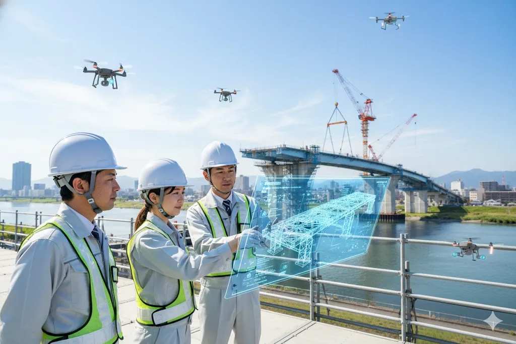 ヘルメットをかぶった技術者たちが、建設現場でタブレットのCIMモデルを見ながら会議している様子