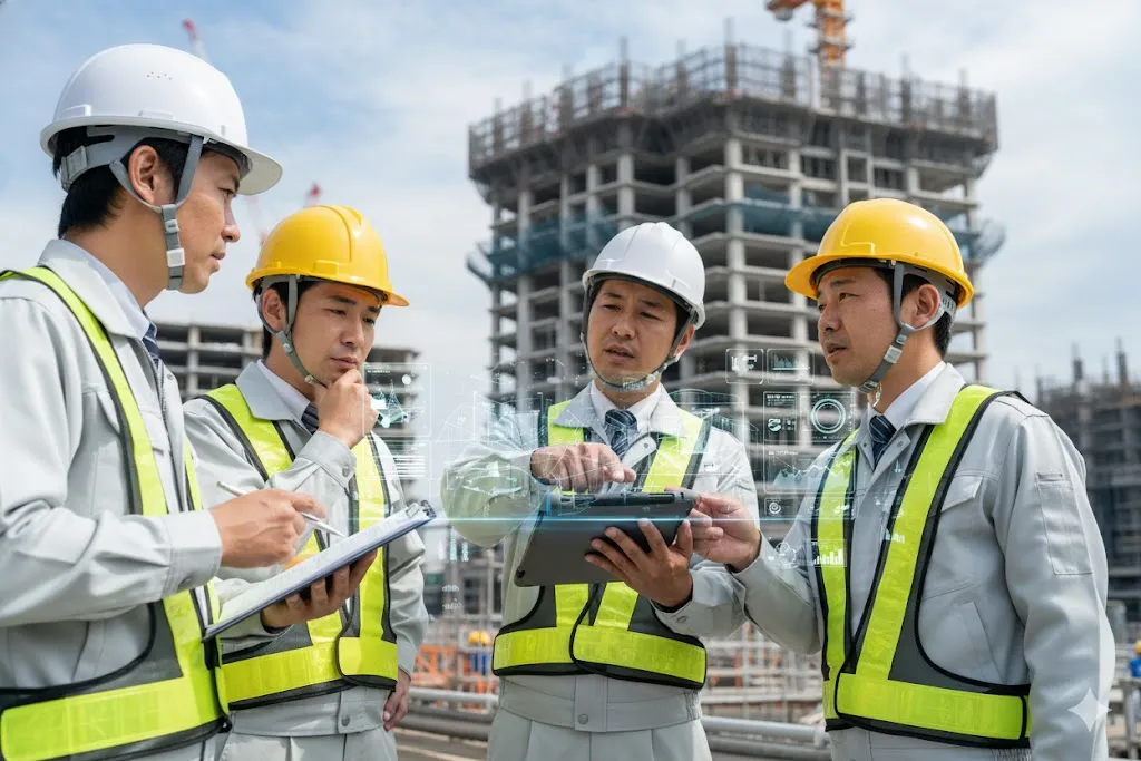 建設現場で新しい技術について協議する技術者たち