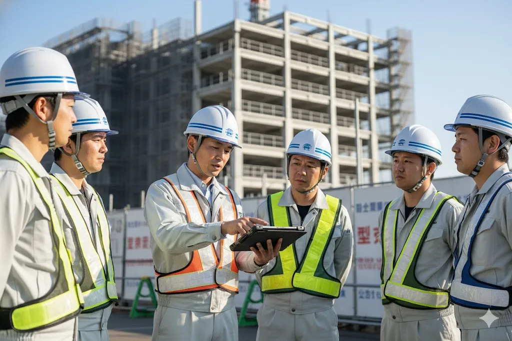 現場監督と作業員がタブレットを見ながら打ち合わせをしている様子