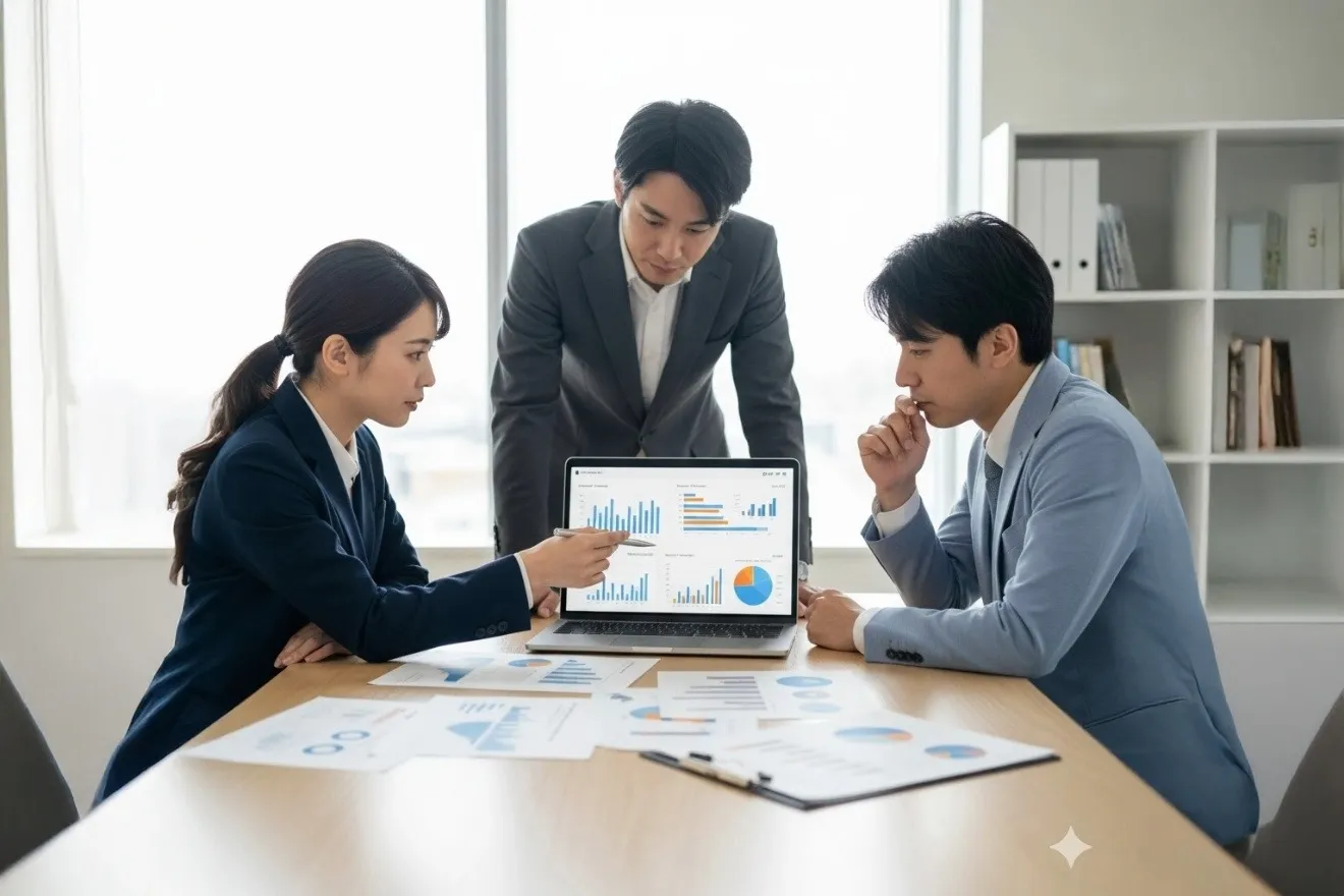 オフィスでパソコンのデータを見ながら議論するビジネスパーソンたち