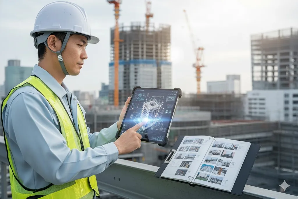 建設現場でタブレットを使い業務効率化を図る技術者