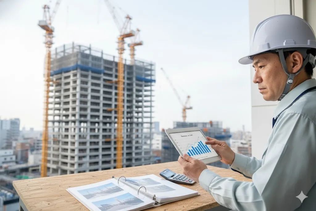 建設現場で財務諸表を確認する管理者
