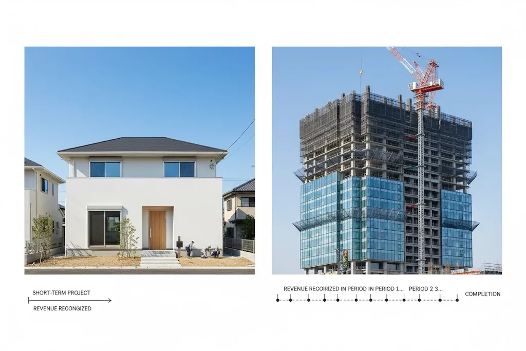短期工事と長期工事の収益認識タイミングの違いを示すイメージ