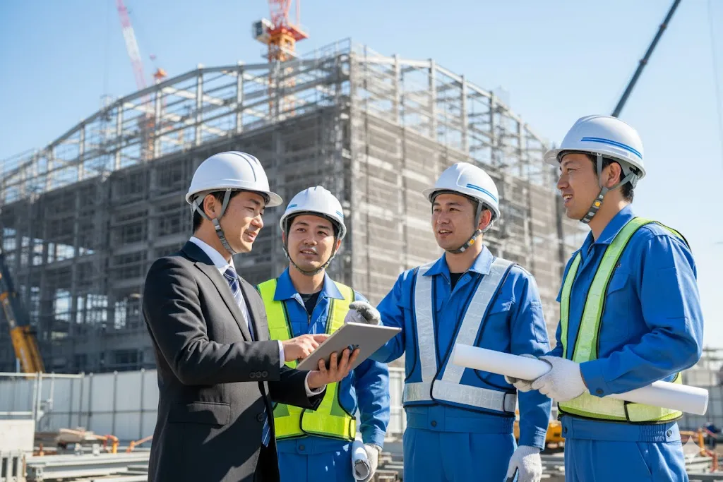 建設現場で働く作業員とコミュニケーションをとる人事担当者