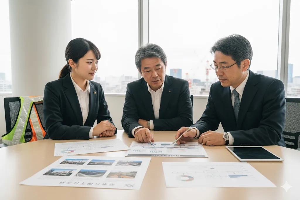 オフィスで従業員のキャリア面談を実施し、キャリア形成を支援する人事担当者