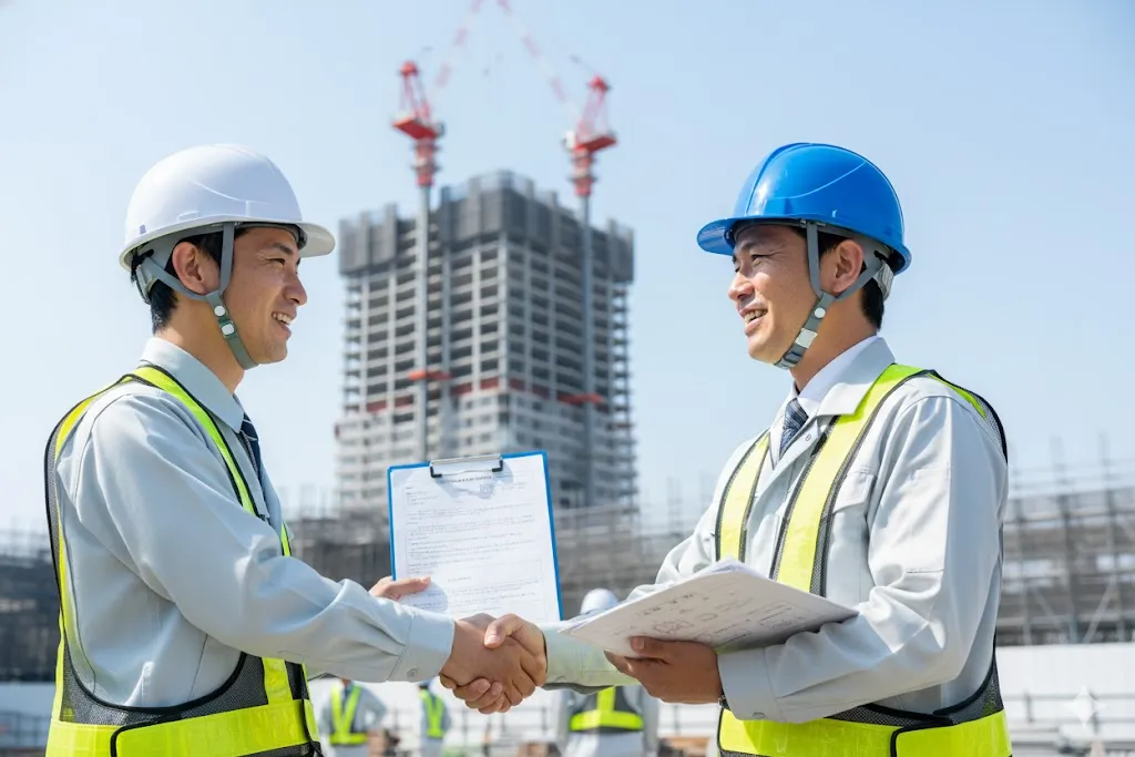 建設現場で安全書類を確認し握手する監督者と作業員
