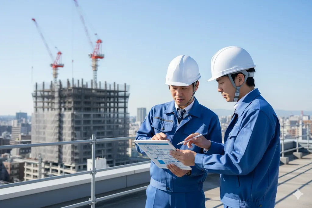 建設現場でタブレットを見ながら打ち合わせを行う2人のヘルメット姿の技術者