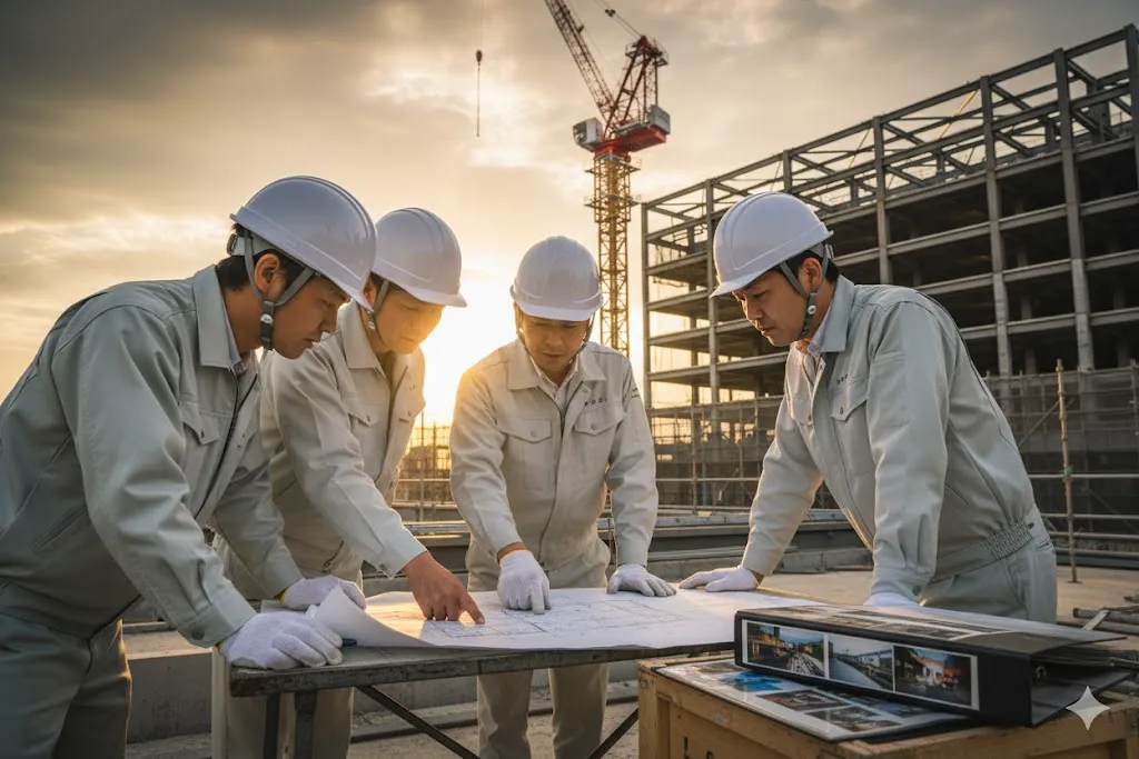 建設現場で打ち合わせを行う作業員たち
