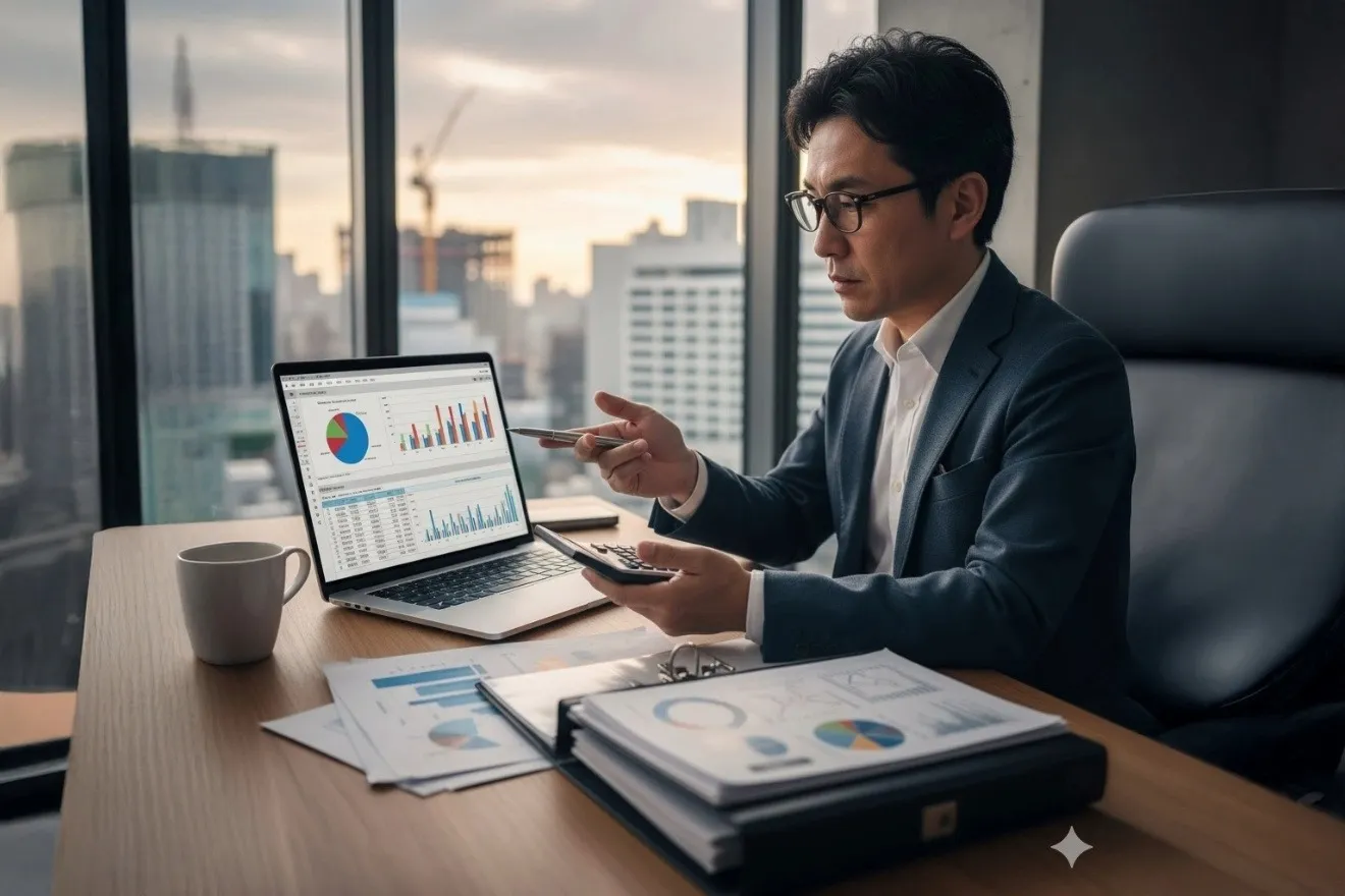 パソコンと書類を見ながら事業計画を立てる人物