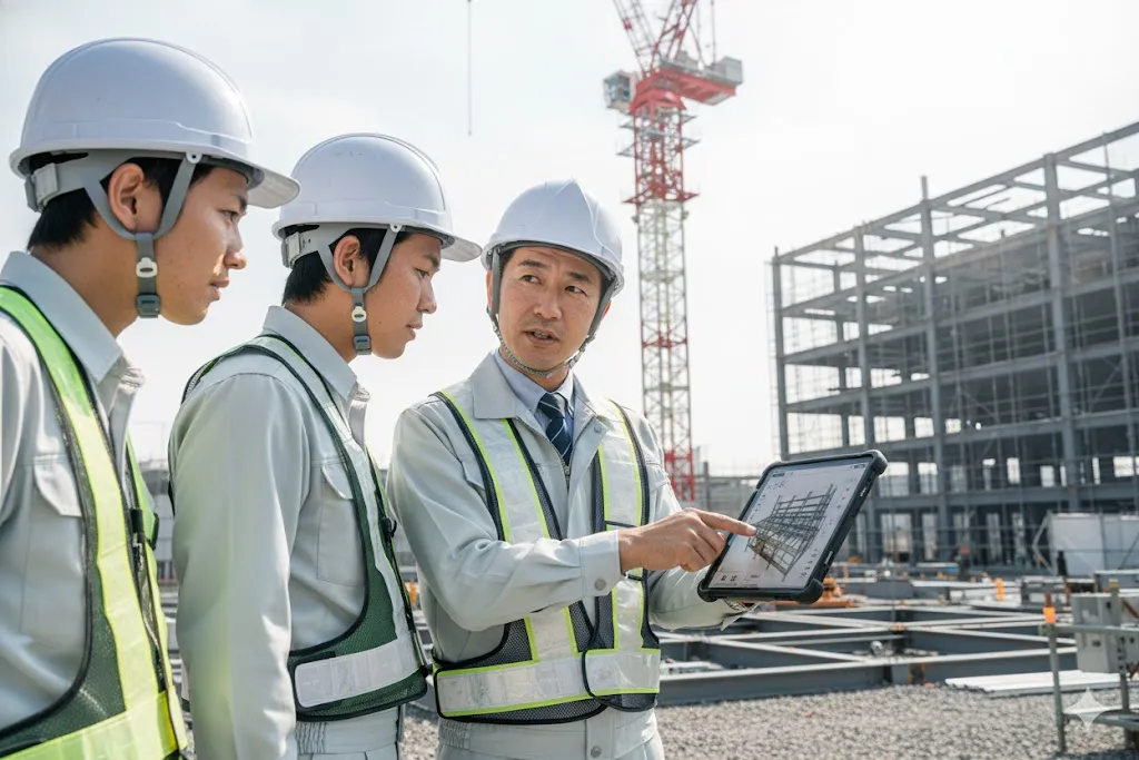建設現場でタブレットを使いながら若手に指導する監督者