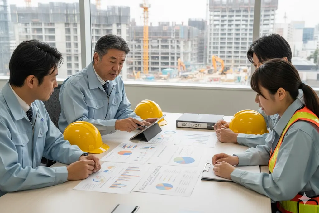 サステナビリティ対応について事務所でミーティングを行う建設業の従業員たち