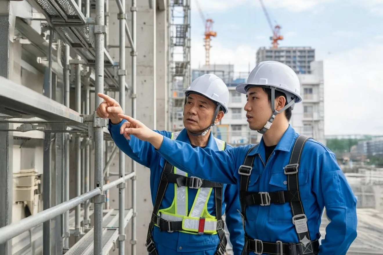 建設現場で安全確認（指差し確認）を行う2名の作業員