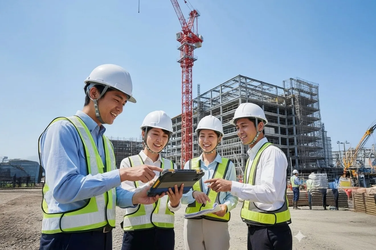 建設現場でタブレットを見ながら打ち合わせをする多様な技術者たち