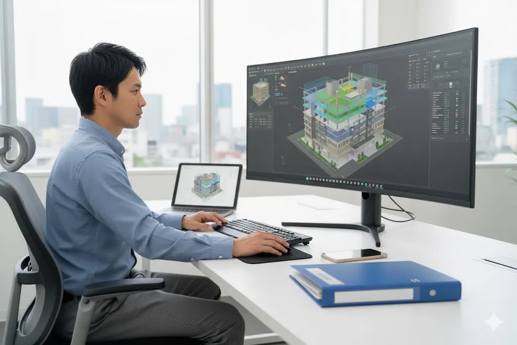 オフィスでBIM/CIMの3Dモデルを操作する建設エンジニア
