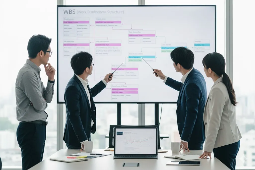 WBS（作業分解構造図）を見ながらタスクの洗い出しについて会議を行うチームメンバー。