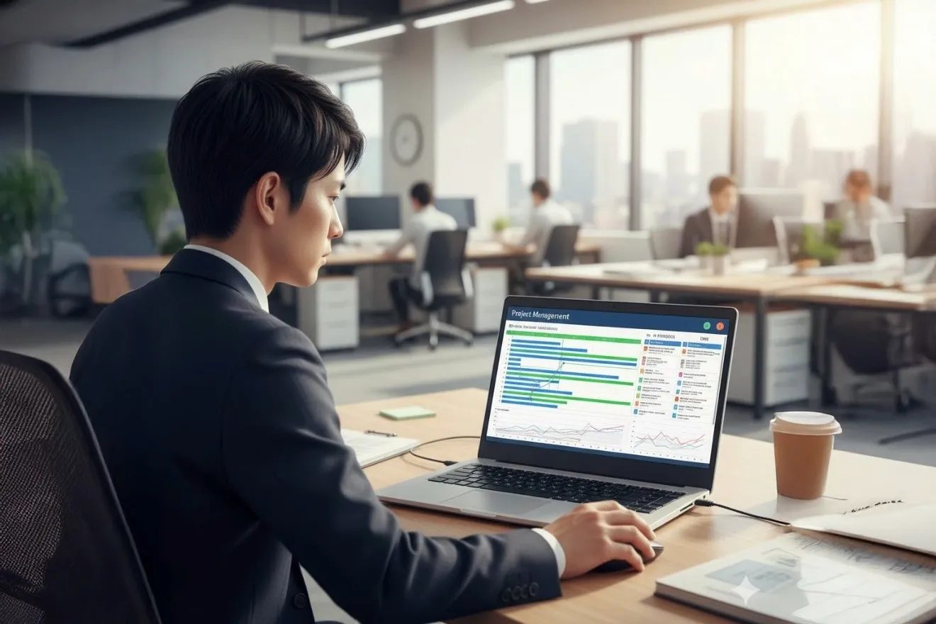 ノートパソコンで工程管理ツールを操作する担当者。