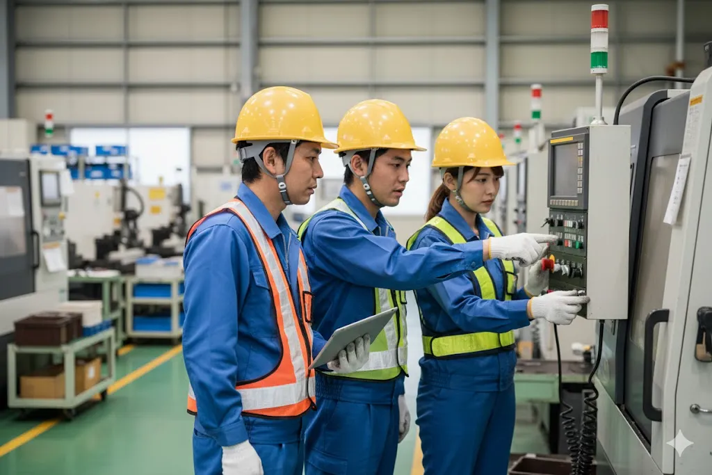 工場内で機械設備の安全パトロールを実施し、指差し確認を行う作業員たち