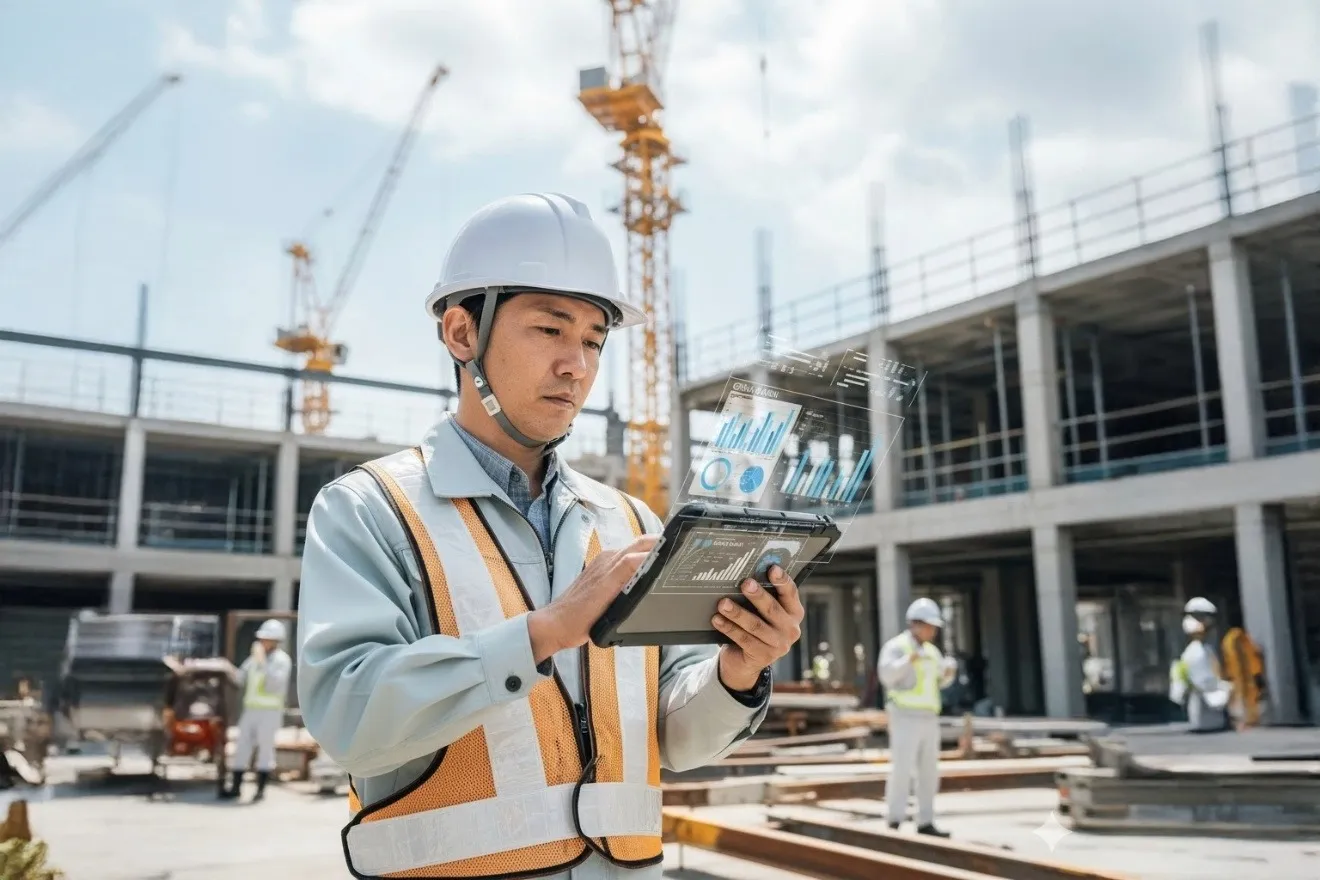 建設現場でタブレットを確認する現場監督