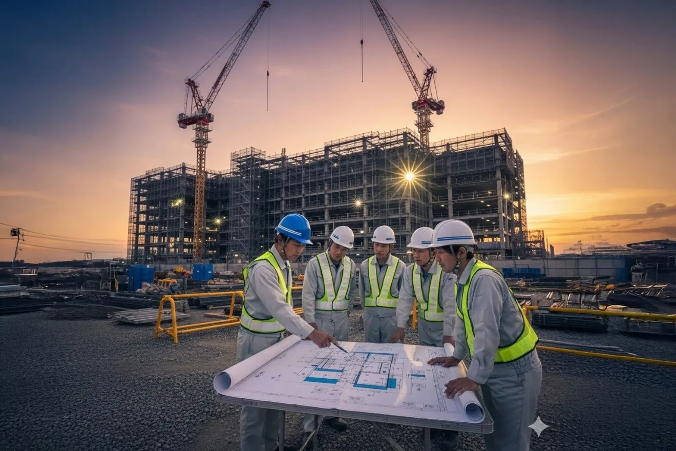 建設現場で施工計画書（図面）を見ながら打ち合わせを行う監理技術者と作業員たち