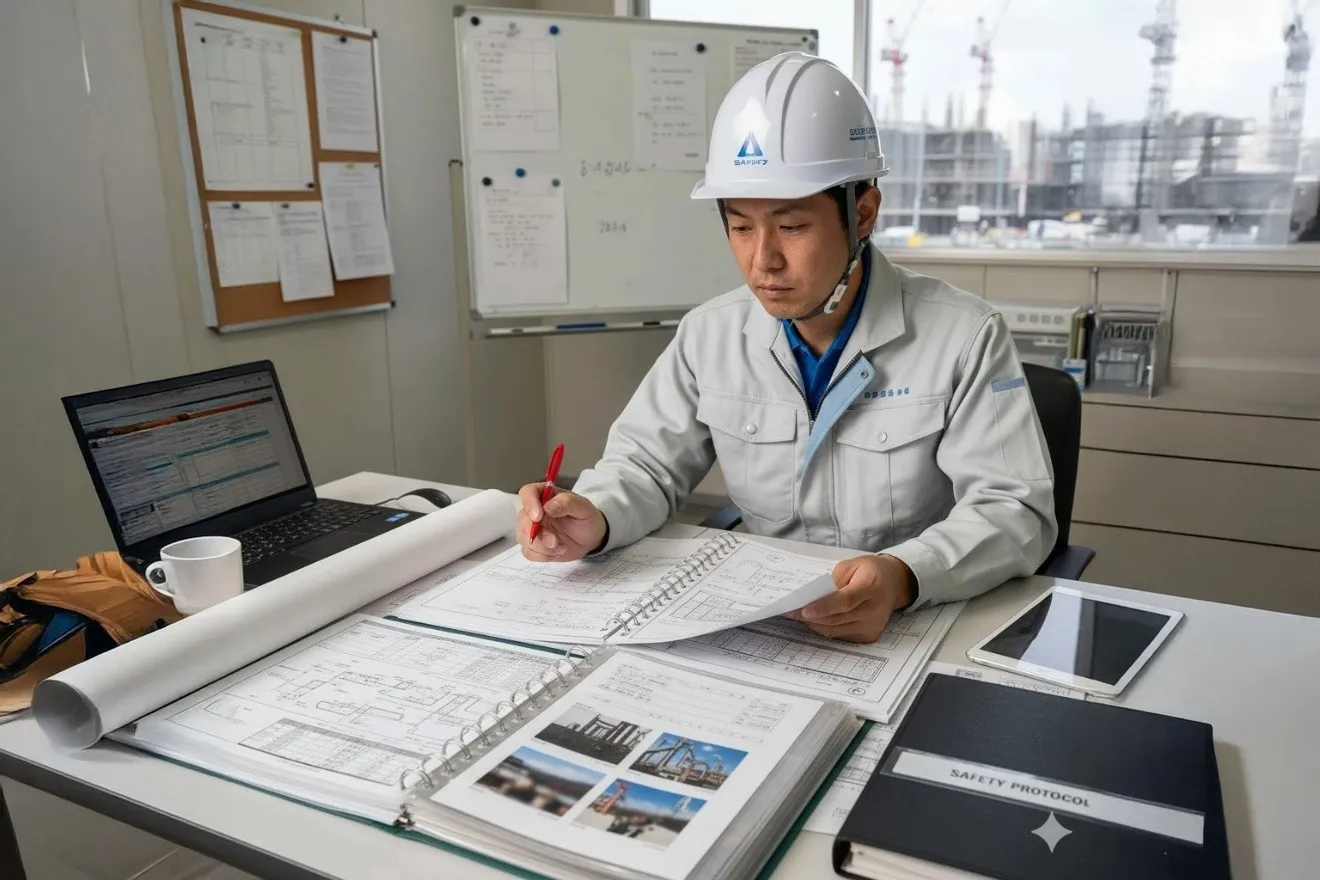 現場事務所のデスクで施工計画書を赤ペンで入念に確認する監理技術者