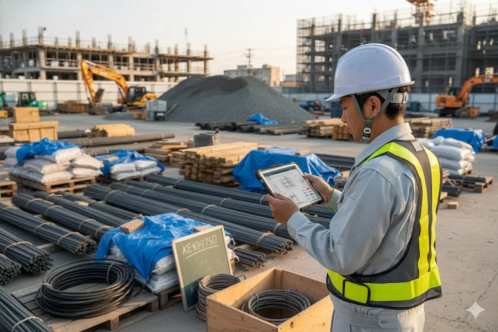建設現場でタブレットを使い在庫管理を行う作業員