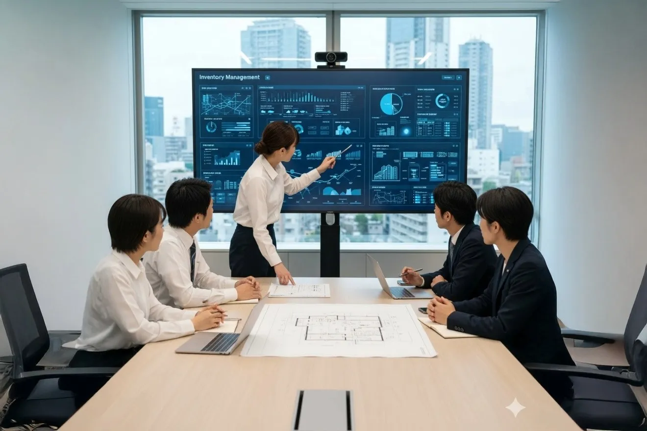 在庫管理システムを使い議論する調達担当者