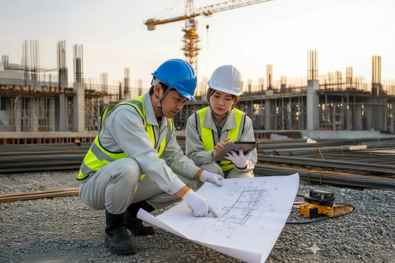 建設現場で図面を確認し、技術提案を練る技術者