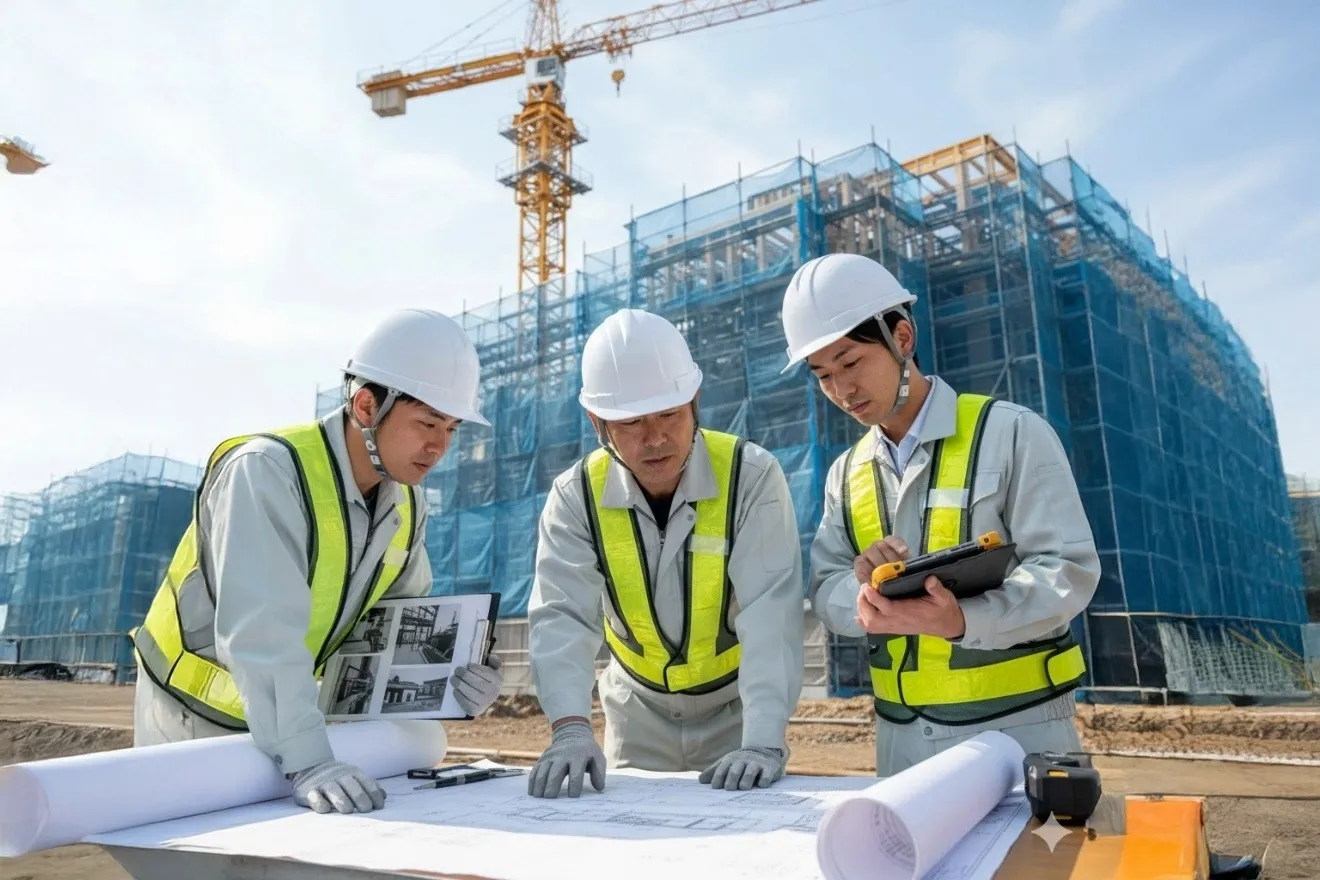 建設現場で図面を見ながら打ち合わせをする作業員たち