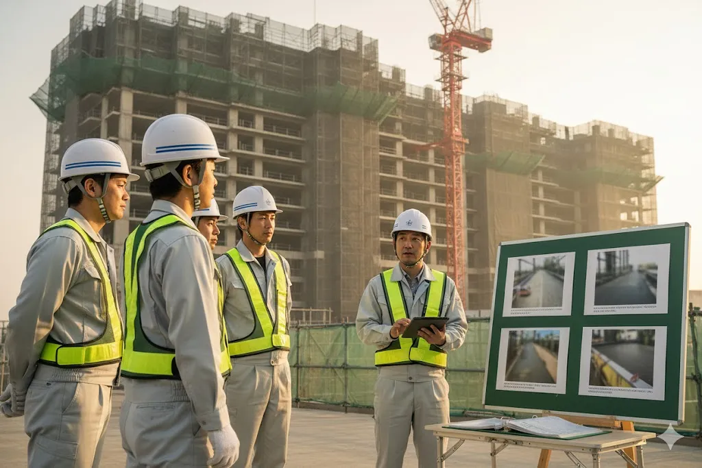 建設現場で安全に関する朝礼を行う作業員たち