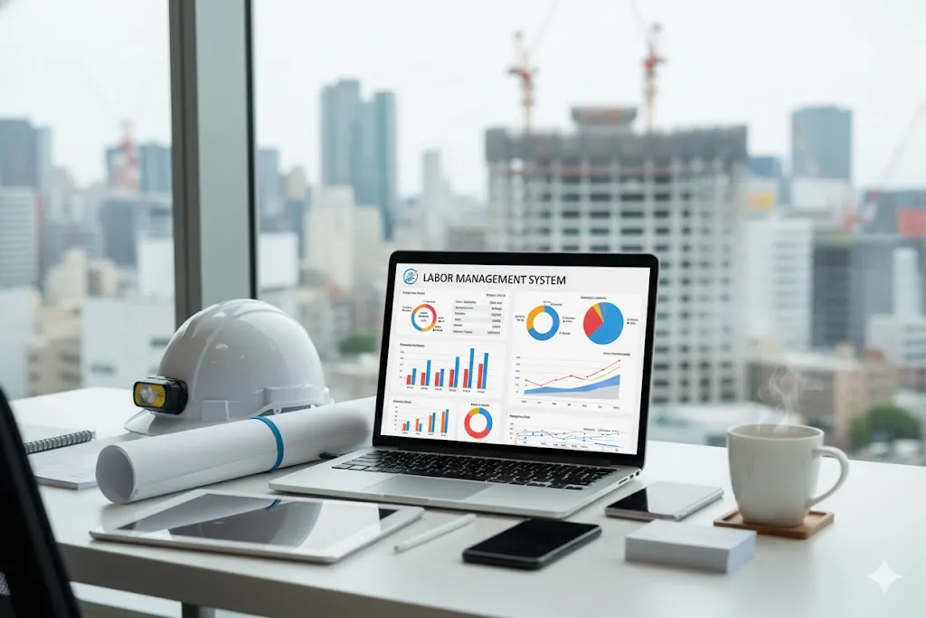 パソコンとヘルメットが置かれ、建設業の労務管理がデジタル化されている様子