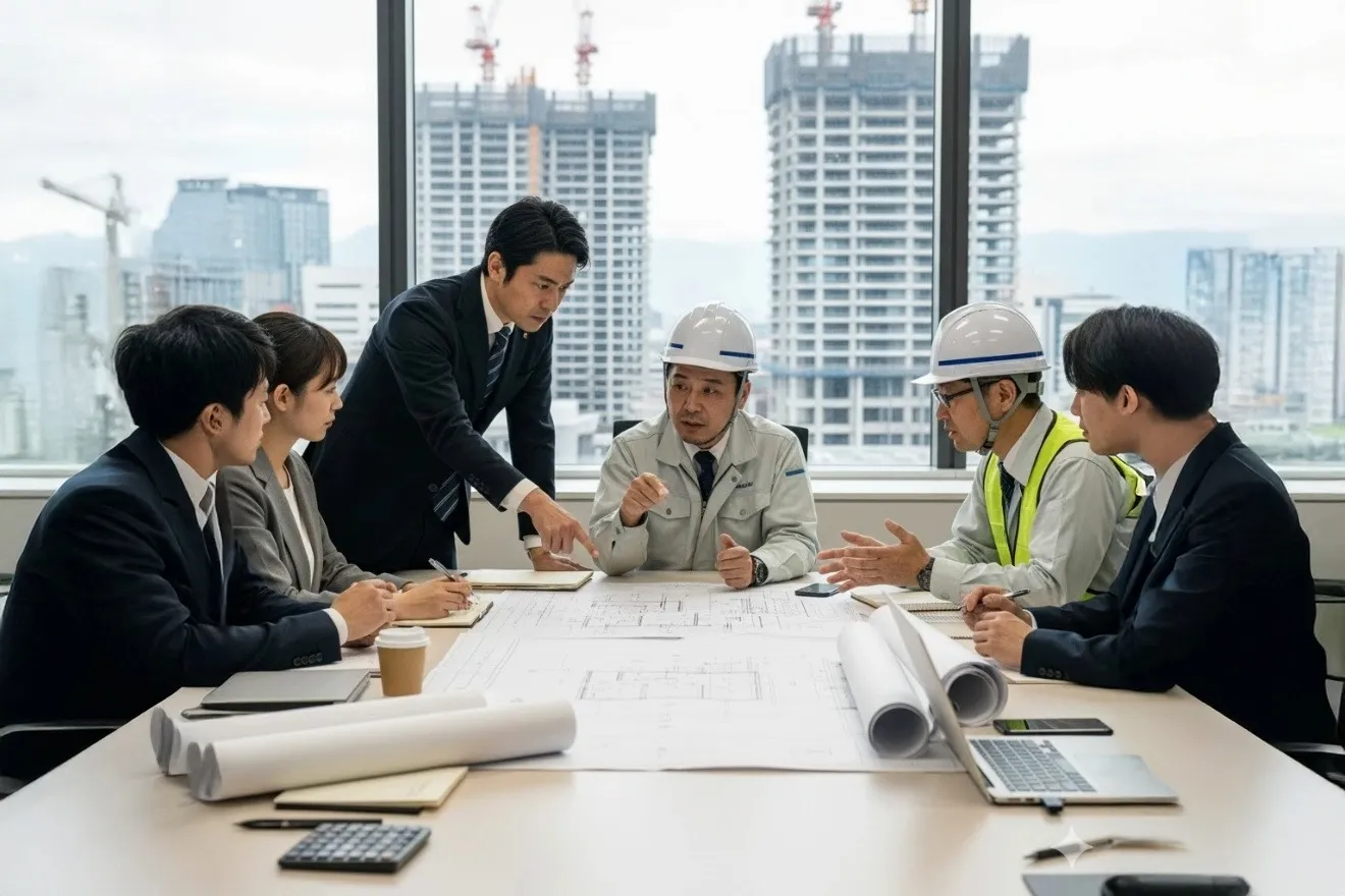 建設プロジェクトの会議で図面を囲んで協議する発注者と施工者
