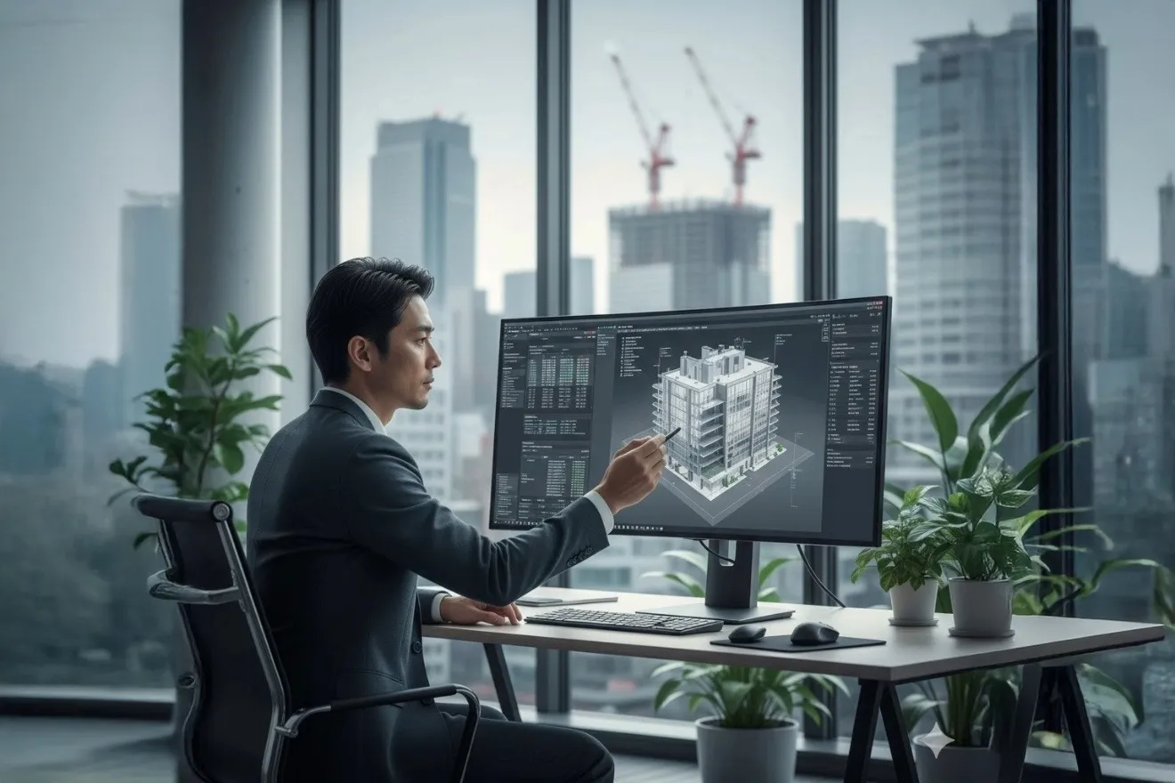 コンピューターでBIMの3Dモデルを確認しながら積算業務を行う技術者