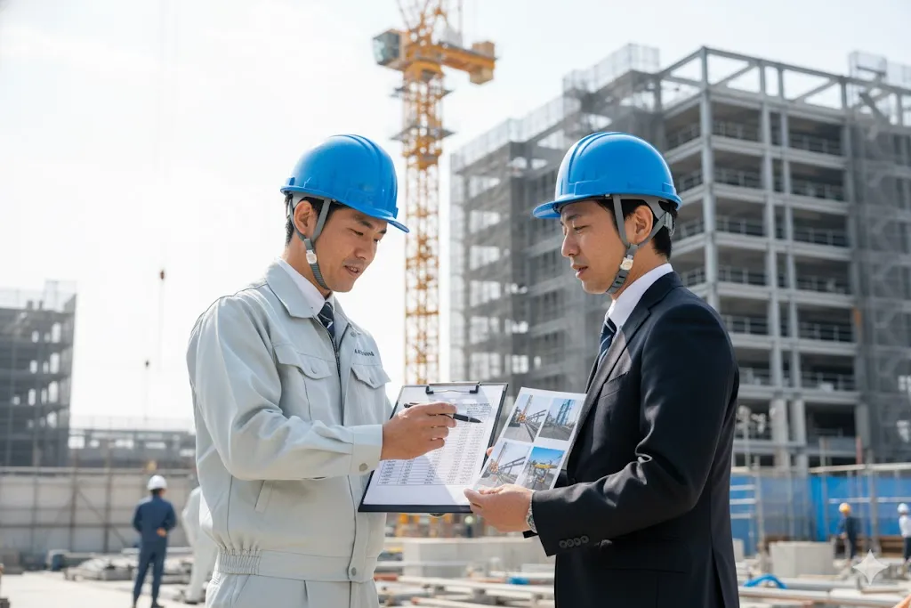 建設業者が発注者に見積書を提示し説明している様子