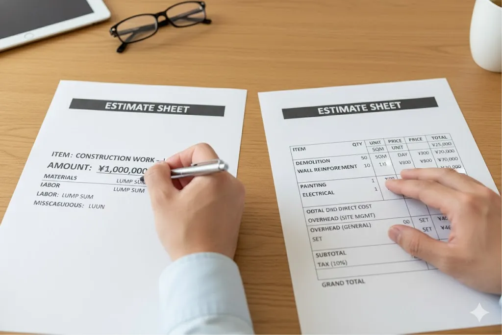 詳細な見積書と「一式」ばかりの見積書を比較検討している手元