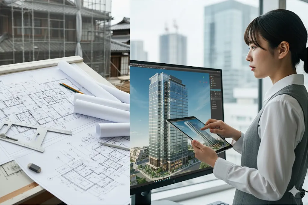 BIMの3Dモデルと従来のCAD図面を比較検討する様子