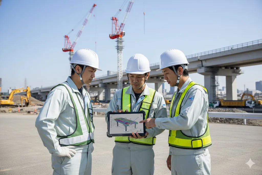 建設現場でCIMデータが映ったタブレットを見ながら協議する技術者たち