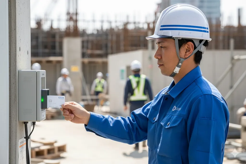建設現場でCCUSカードをリーダーにかざす技能者